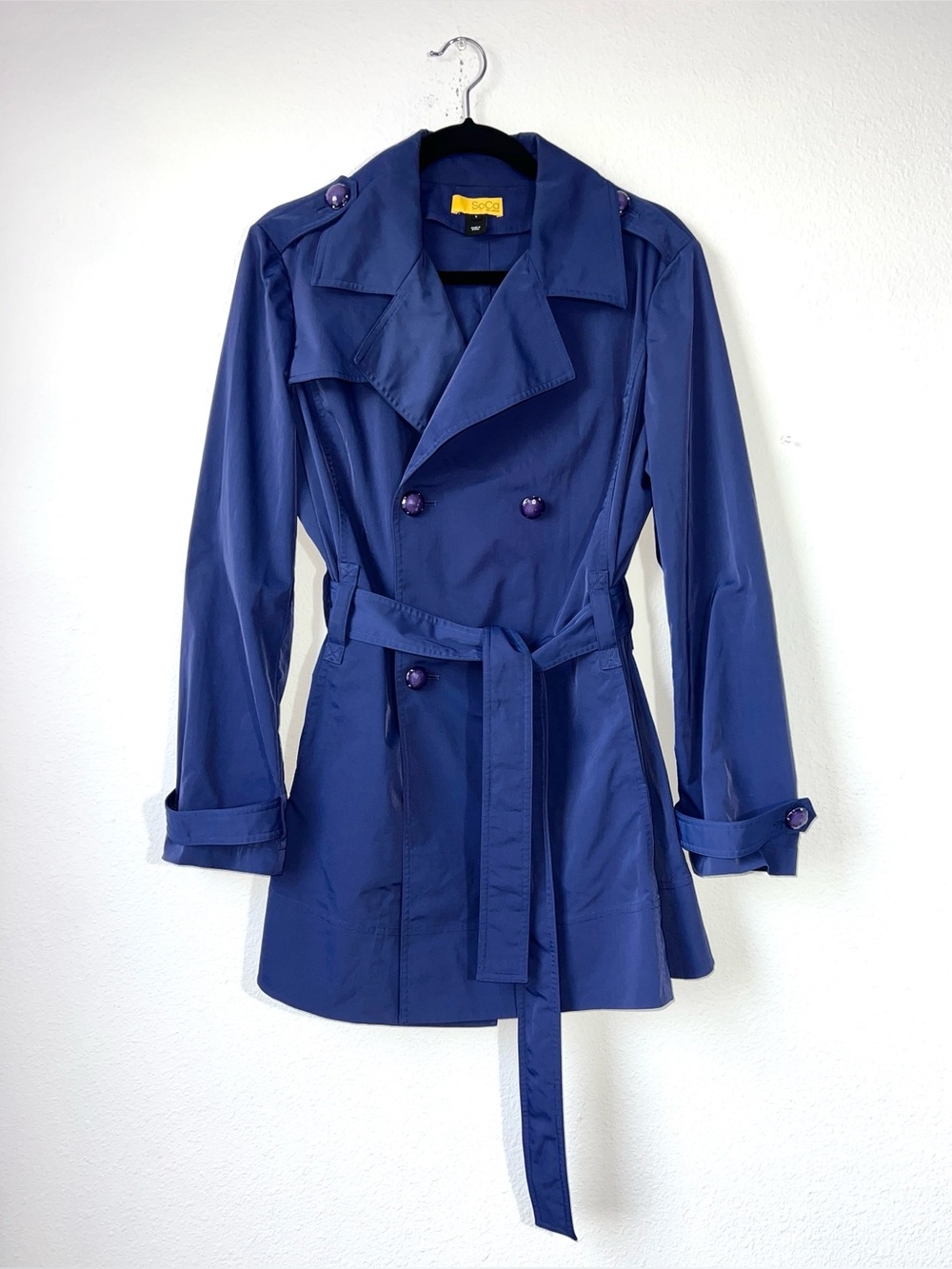 SoCa St John Blue Double Breasted Trench Coat Jacket Belted Size L